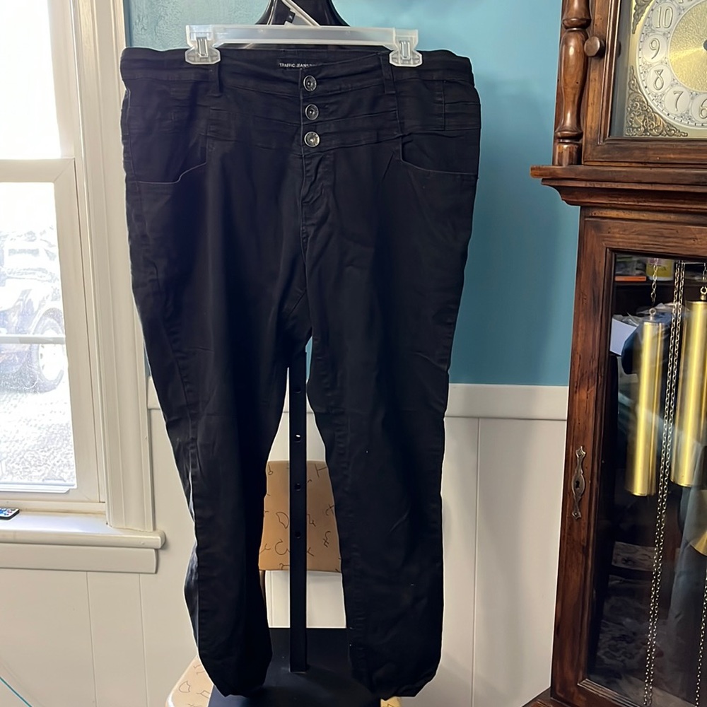 TRAFFIC JEANS WEAR black pants with half button /half zip, fun details at waist